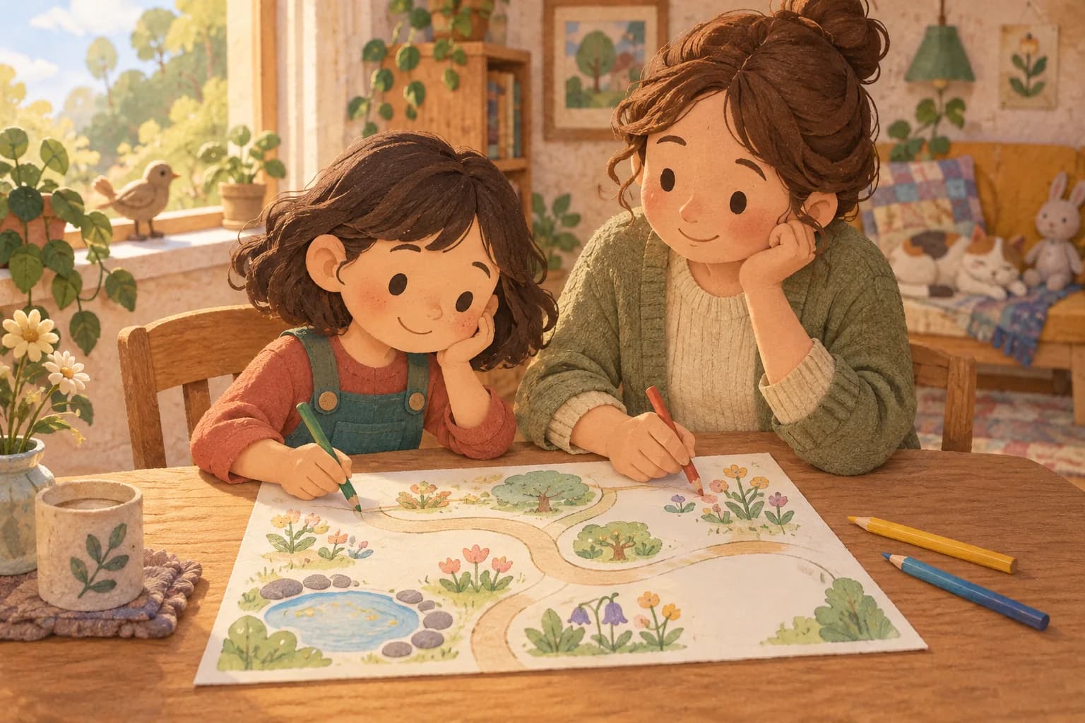 Un enfant et un parent dessinent ensemble un jardin imaginaire avec quelques crayons de couleur.
