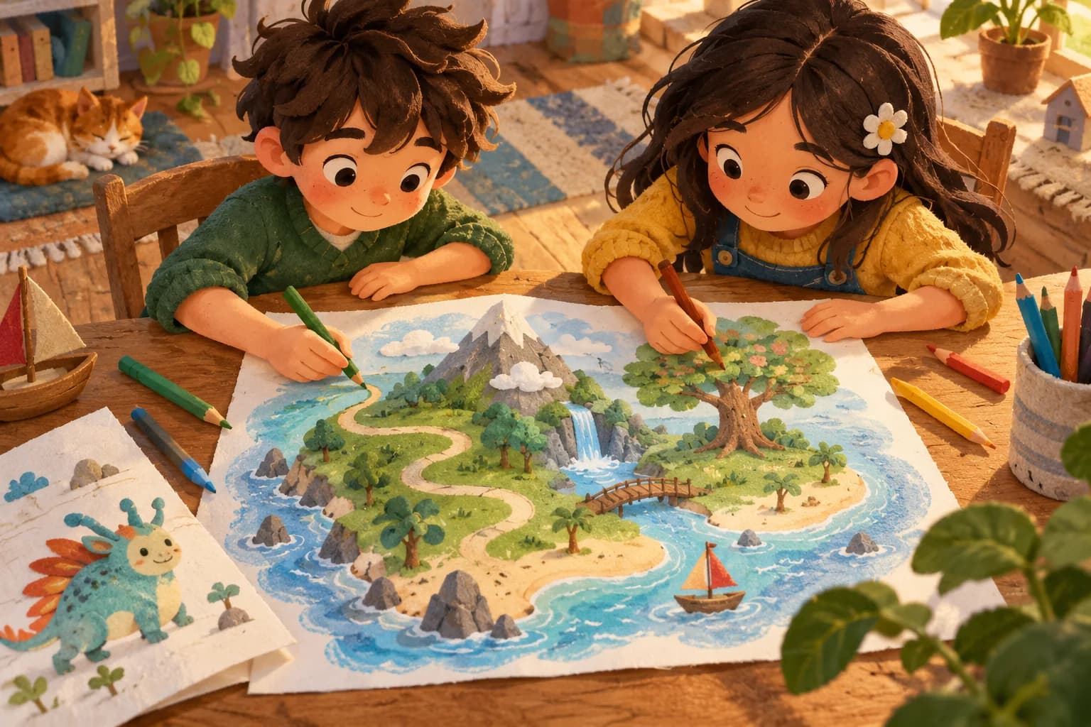 Deux enfants dessinent ensemble une île imaginaire sur une grande feuille, entourés de crayons de couleur.