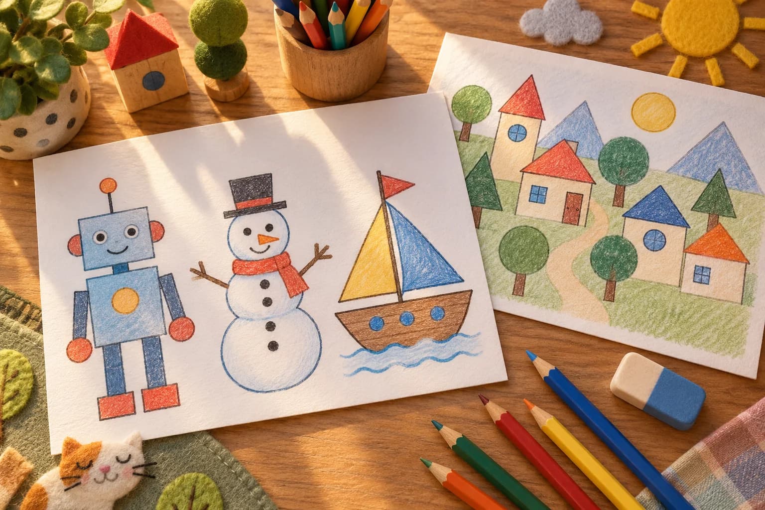 Dessins d’un robot, d’un bonhomme de neige et d’un voilier construits avec des formes géométriques simples.