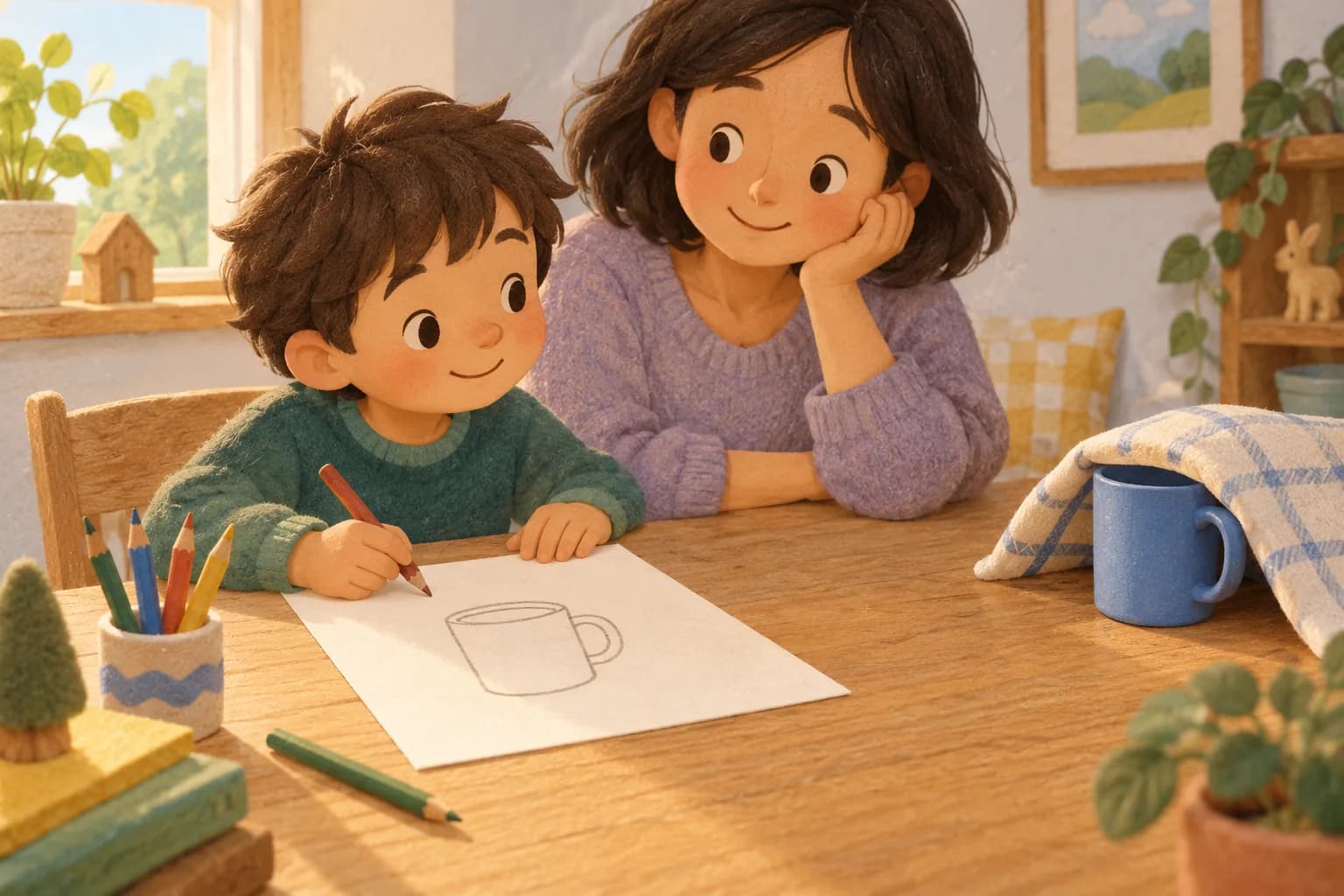 Un enfant et un parent comparent le dessin d’une tasse avec le modèle partiellement découvert sous un tissu.