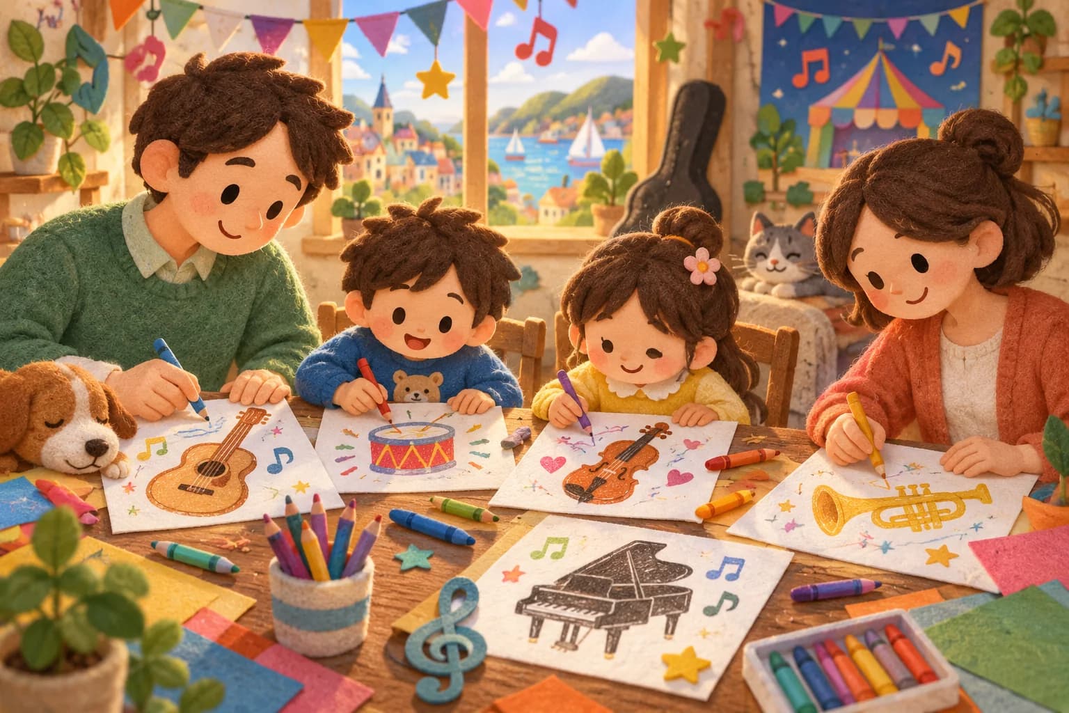 Une famille dessine et colorie plusieurs instruments de musique autour d’une table