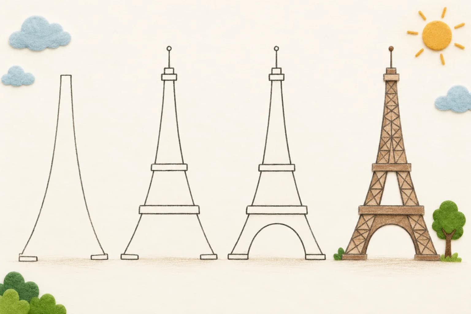 Quatre étapes illustrées pour dessiner la tour Eiffel, de la silhouette aux croisillons.