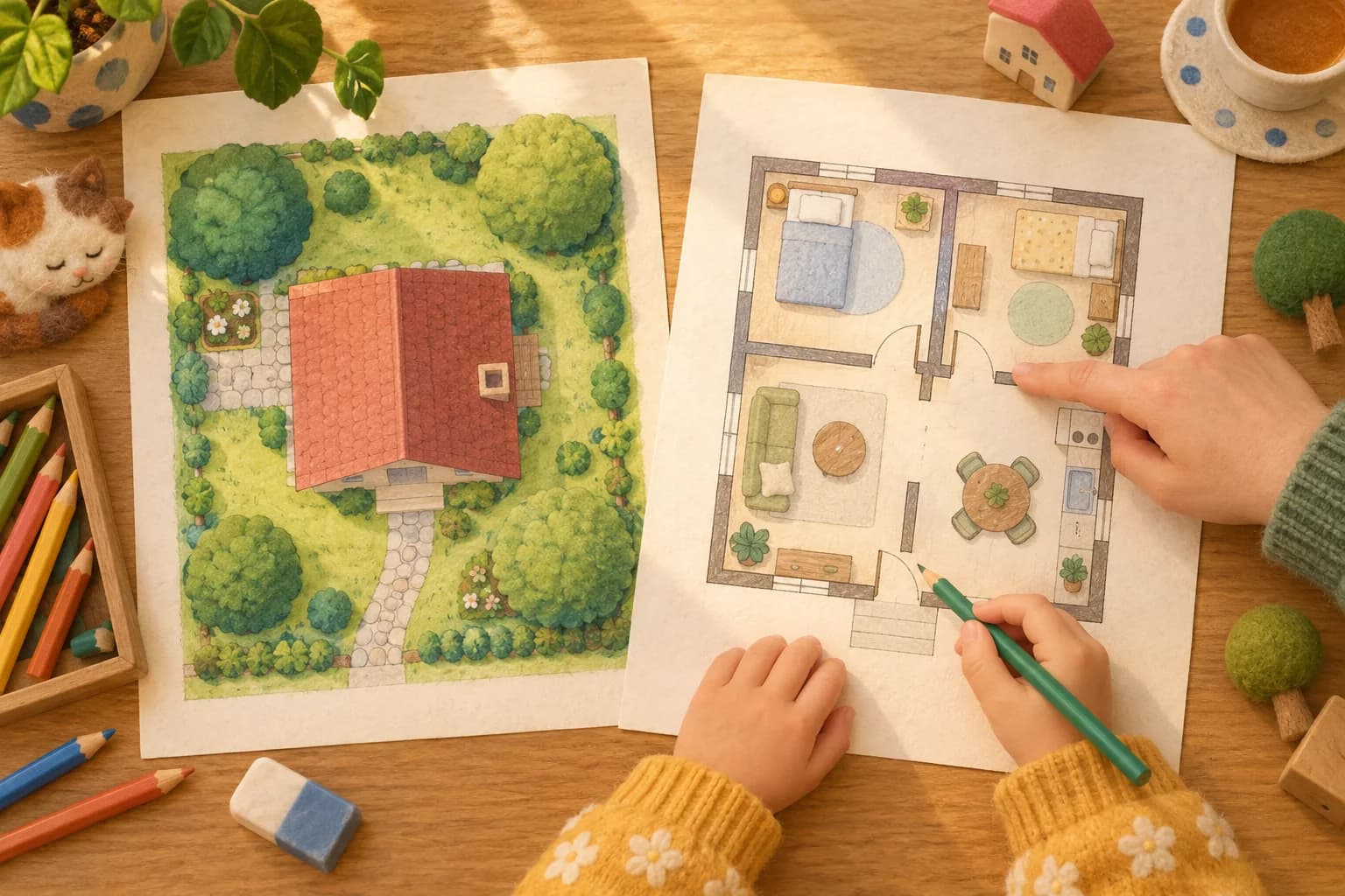 Deux dessins vus du dessus montrent une maison avec son toit et un plan de ses pièces, accompagnés de crayons.