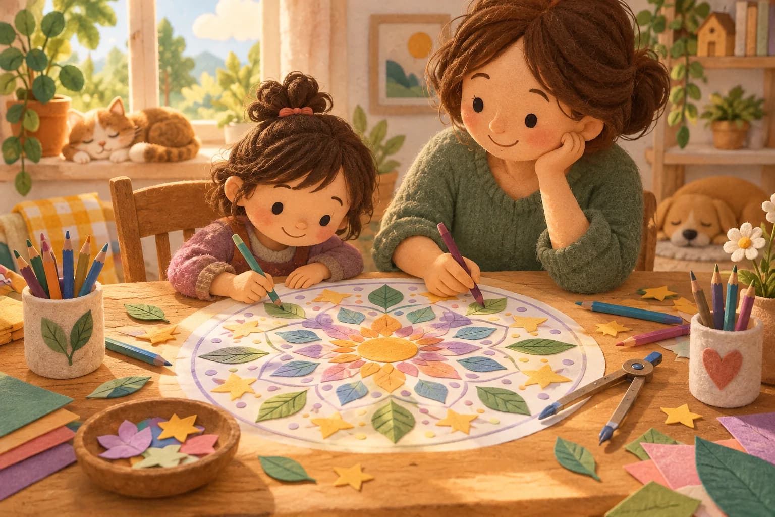 Un enfant et un parent dessinent ensemble un mandala coloré