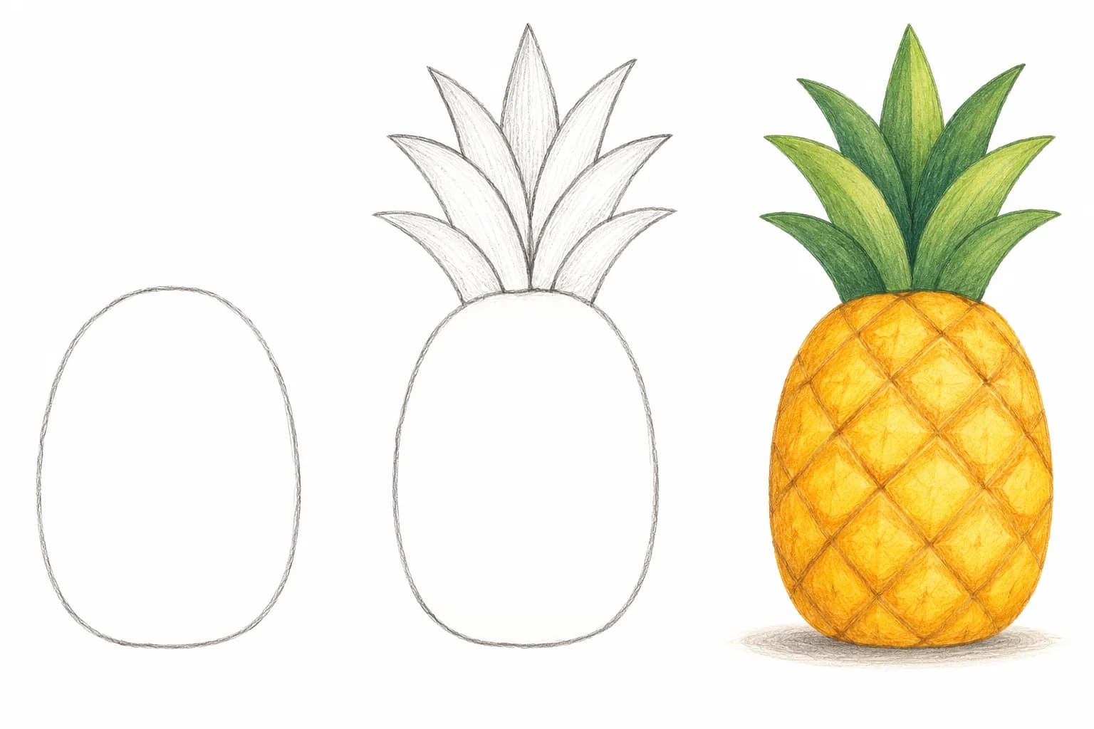 Trois étapes pour dessiner un ananas : contour ovale, ajout des feuilles, puis quadrillage et couleurs.