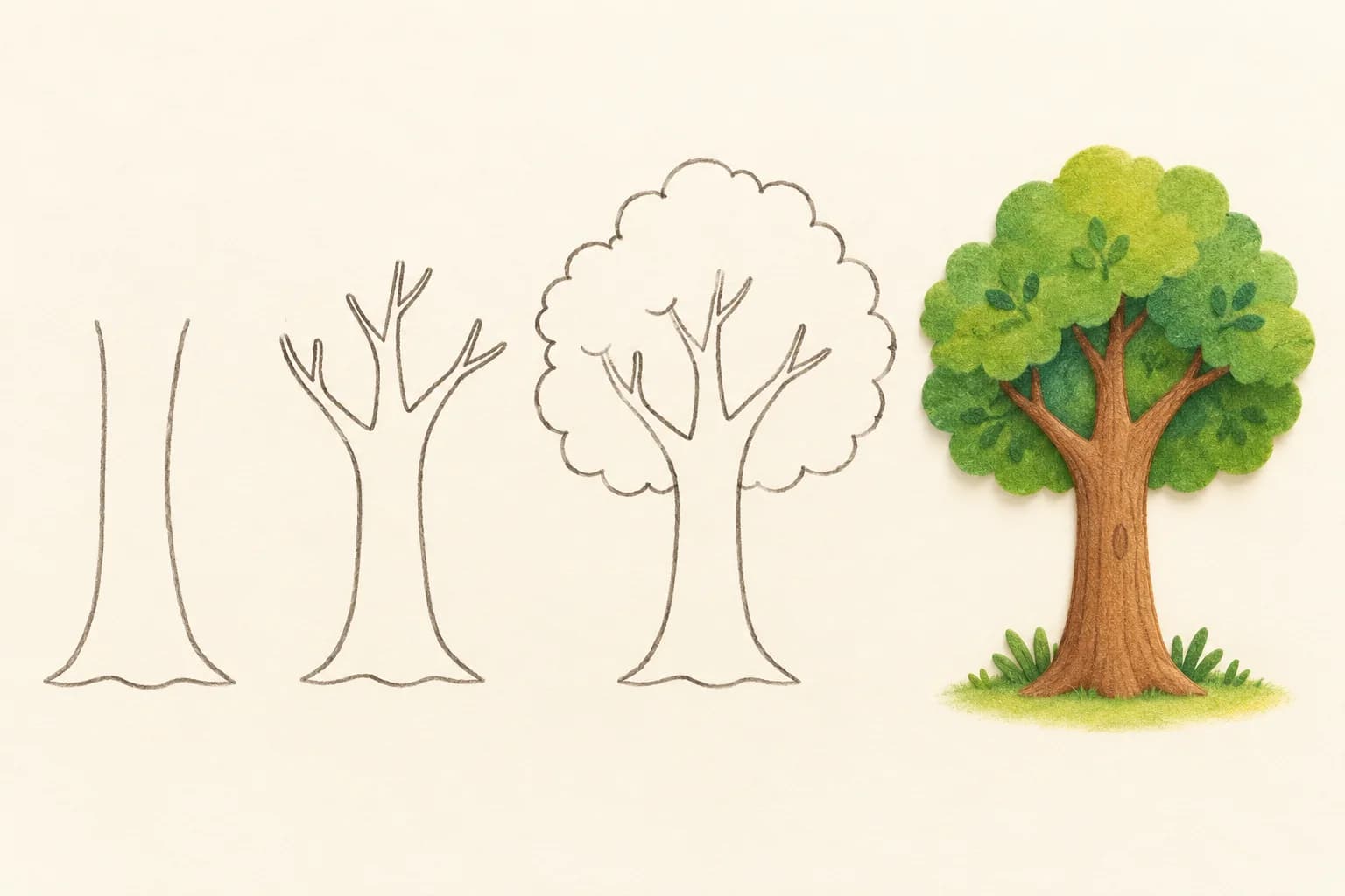 Quatre étapes pour dessiner un arbre, du tronc au feuillage colorié en vert.