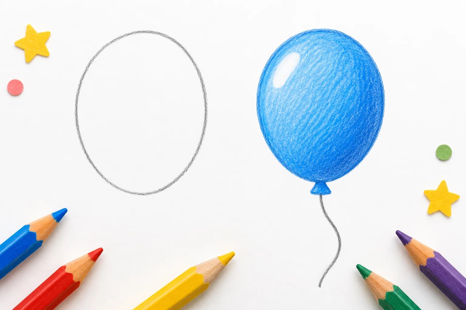 Deux dessins côte à côte : un ovale, puis un ballon bleu terminé avec un petit nœud et une ficelle.