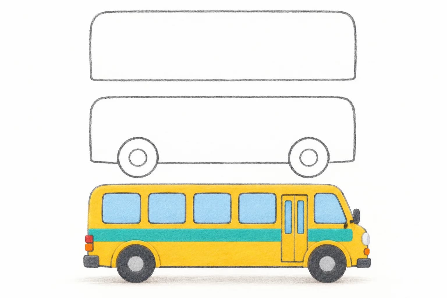 Trois étapes pour dessiner un bus de profil : la carrosserie, les roues, puis les fenêtres et la porte.