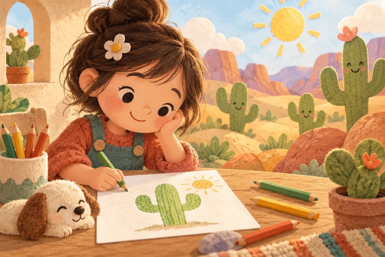 Enfant dessinant un cactus avec des crayons de couleur