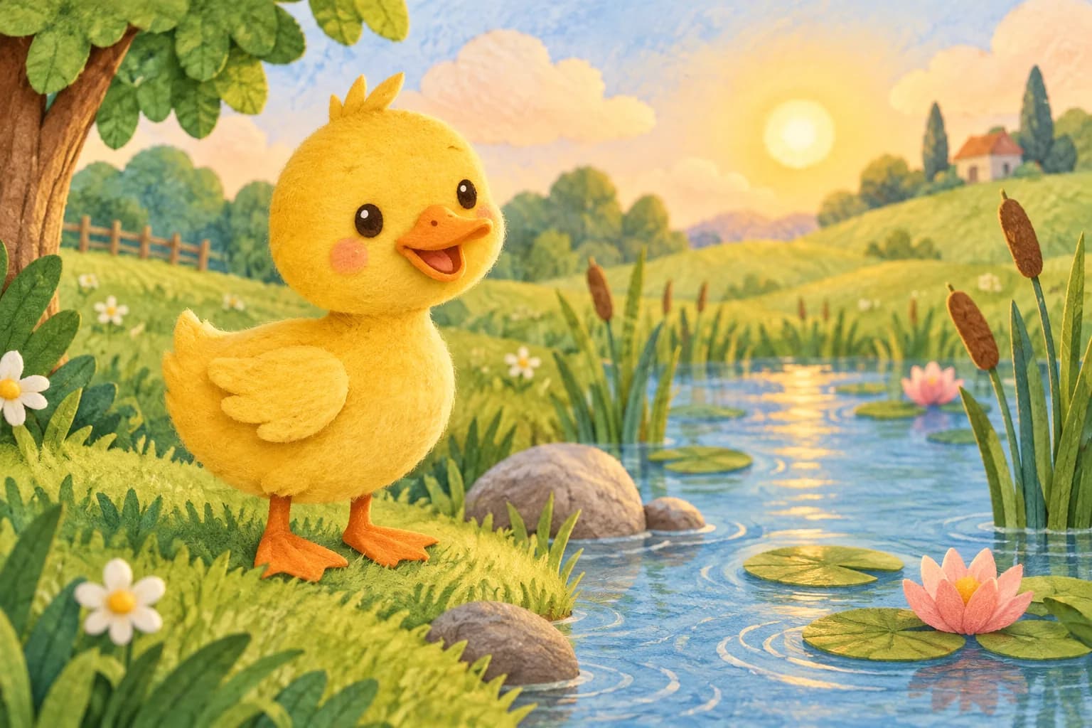 Canard jaune dessiné simplement près d’un petit étang