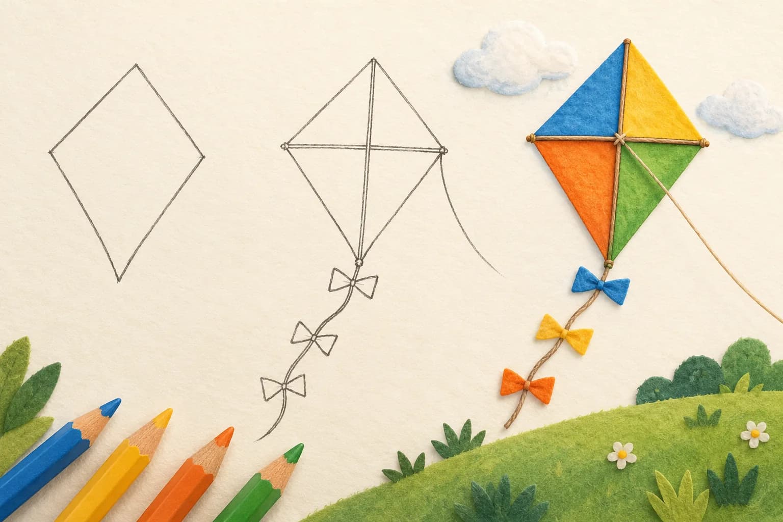 Trois étapes illustrées pour dessiner un cerf-volant, du contour au modèle colorié avec une queue à nœuds.