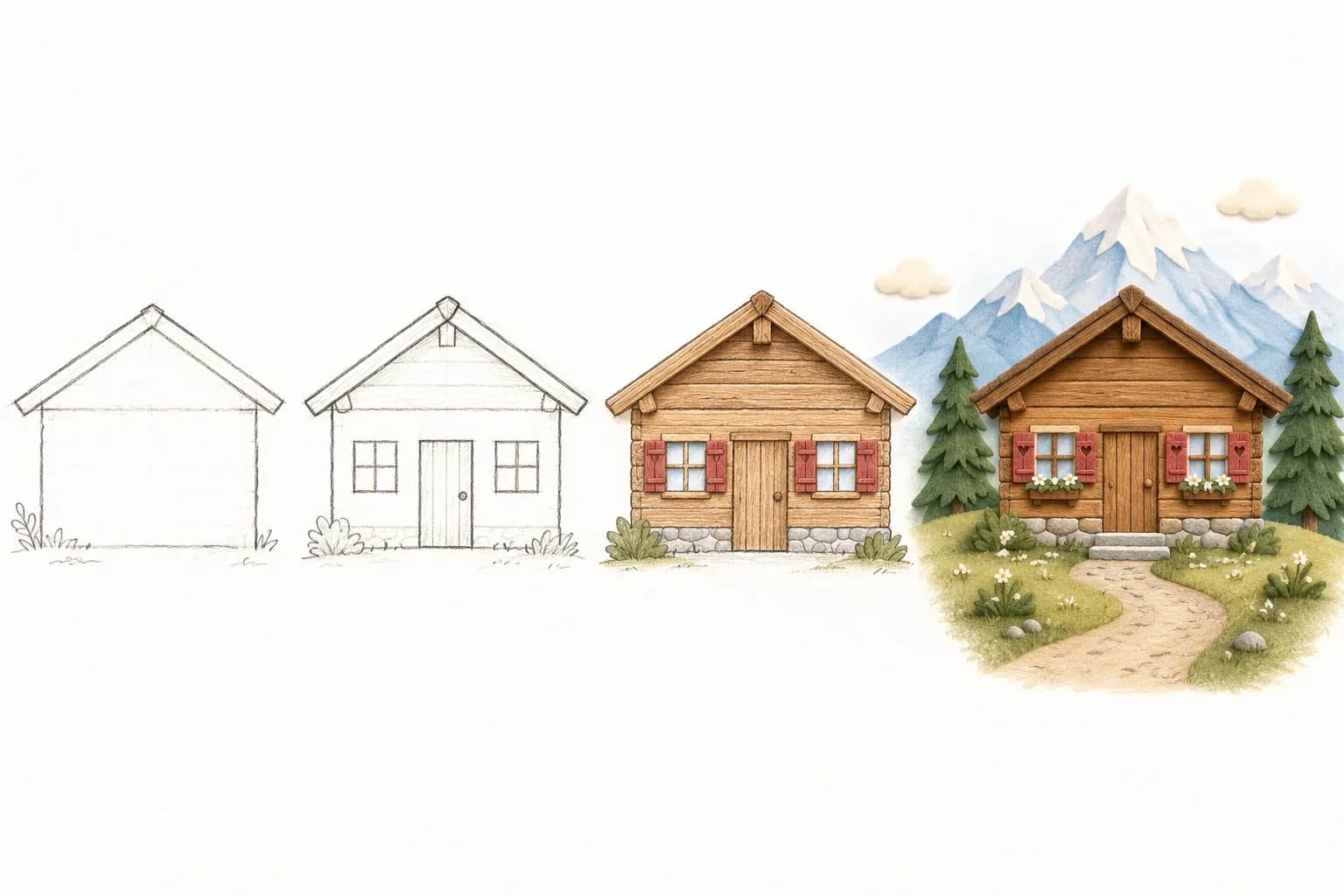 Quatre étapes illustrées pour dessiner un chalet en bois, puis ajouter les montagnes, les sapins et les couleurs.