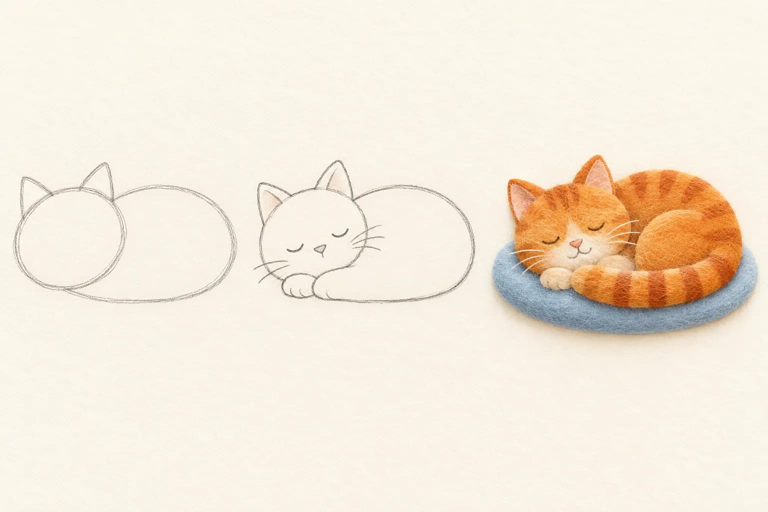 Trois étapes dessinées pour réaliser un chat roux endormi en boule sur un coussin bleu.