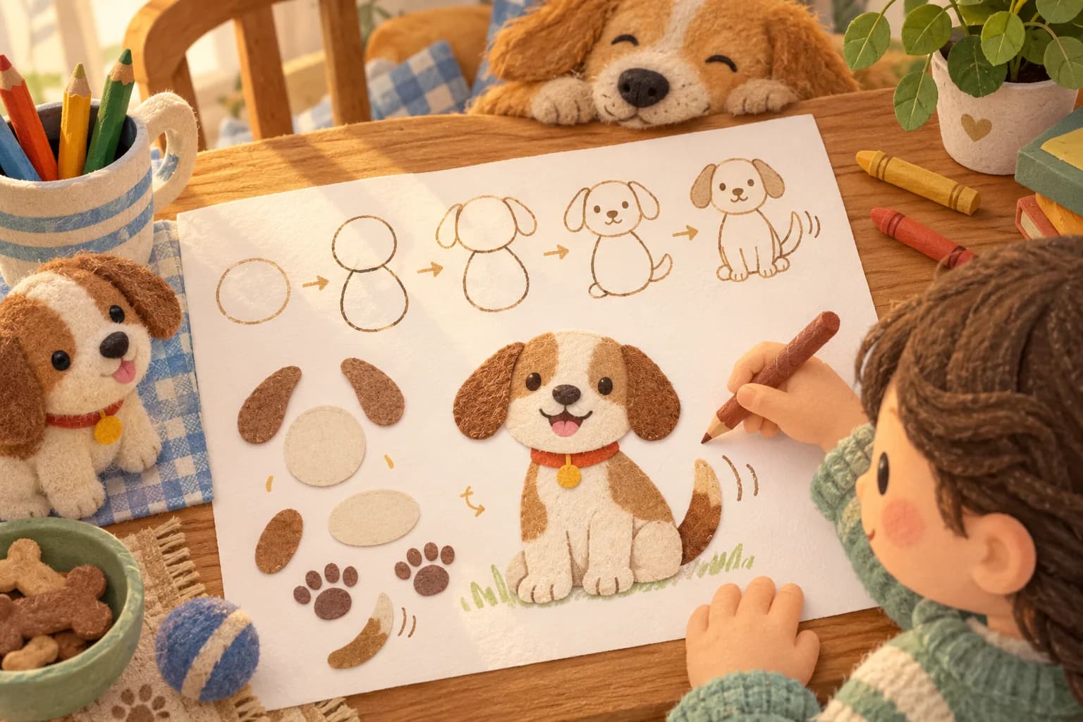 Un enfant dessine un chien en cinq étapes avec des formes simples