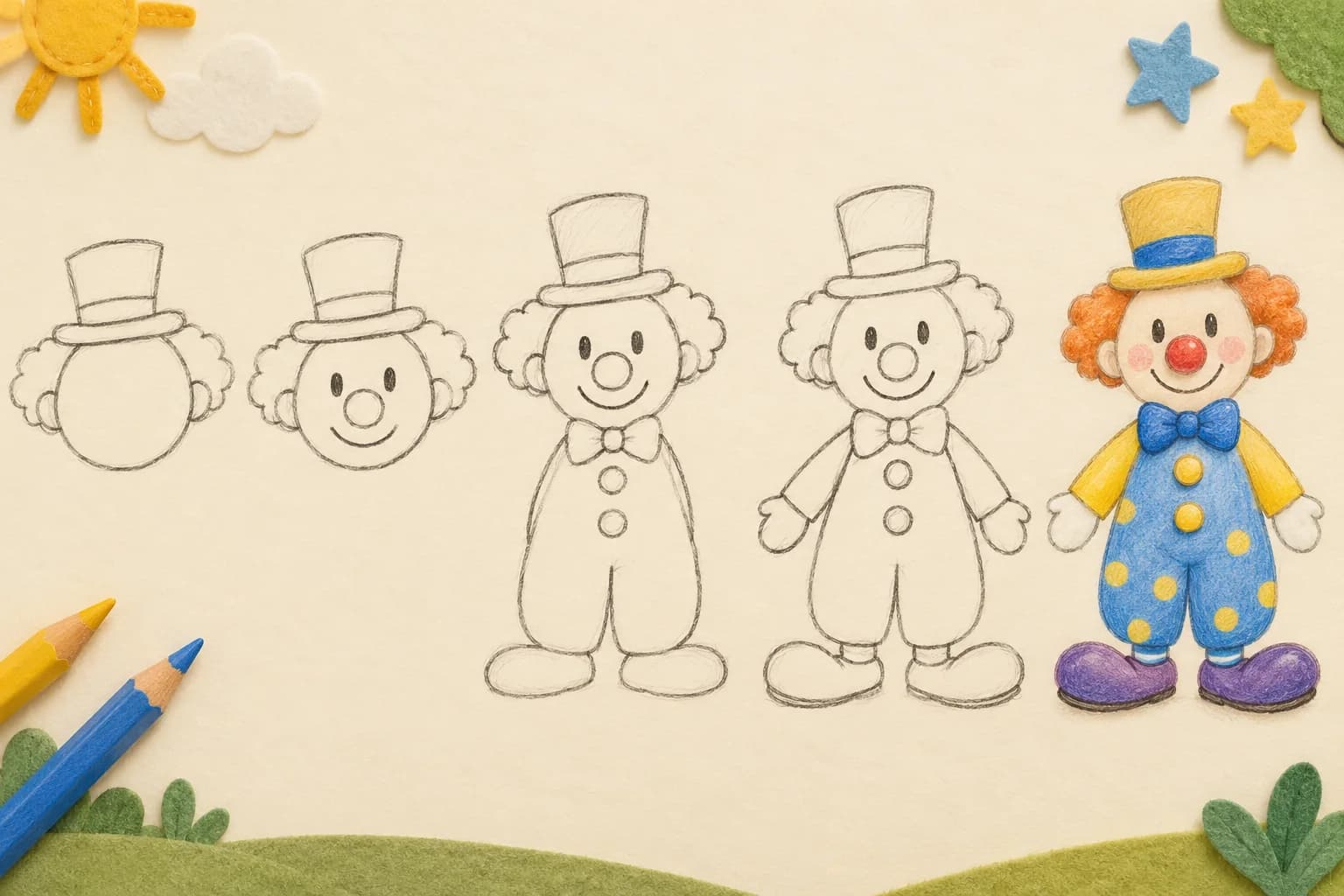 Cinq étapes illustrées pour dessiner un clown, de la tête au personnage entier colorié.