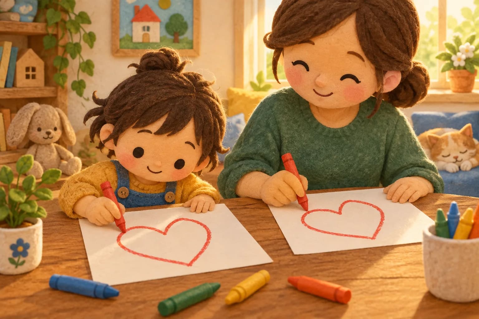Un enfant et un parent dessinent chacun un cœur au crayon sur une feuille.