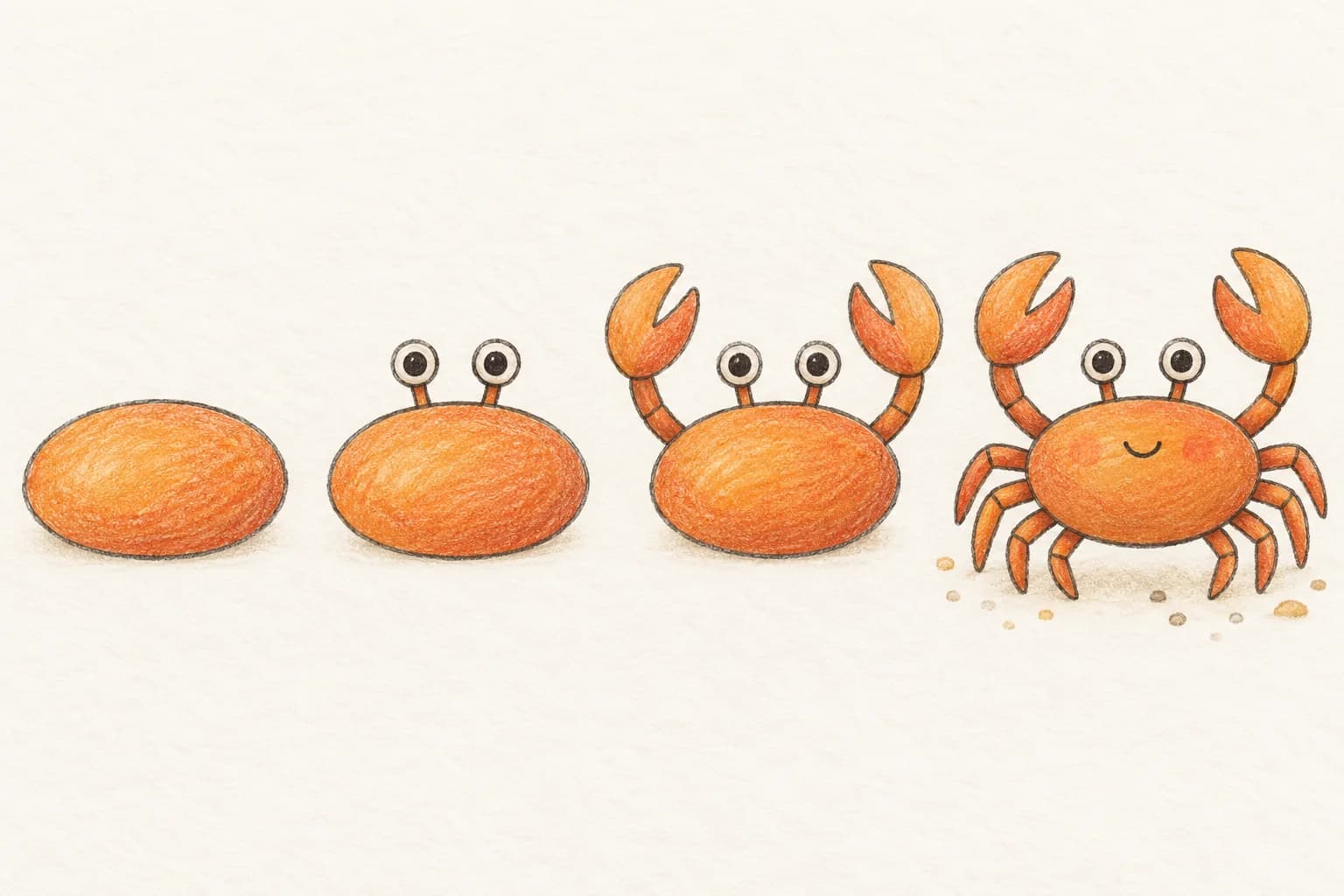 Quatre étapes pour dessiner un crabe : carapace ovale, yeux, pinces, puis huit pattes et couleurs.