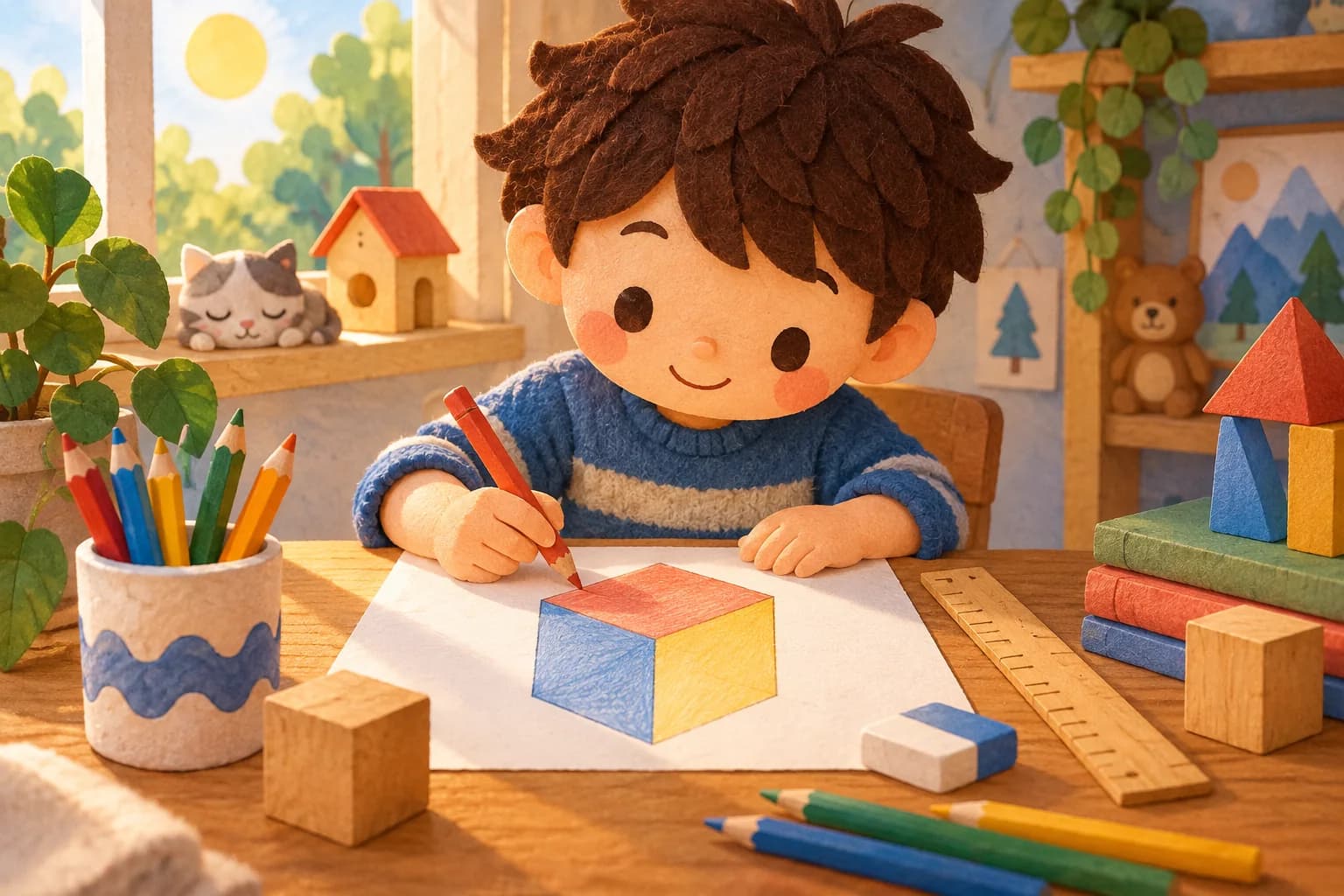 Enfant dessinant un cube en 3D avec des crayons et une règle