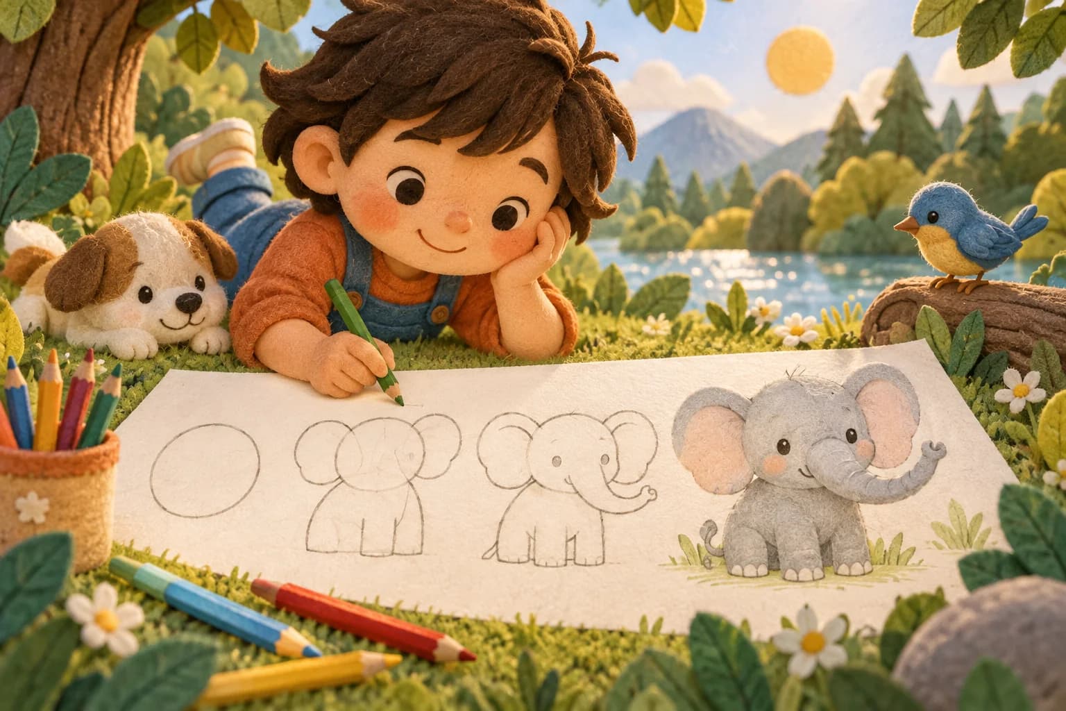 Un enfant dessine un éléphant gris avec des formes simples et des crayons colorés