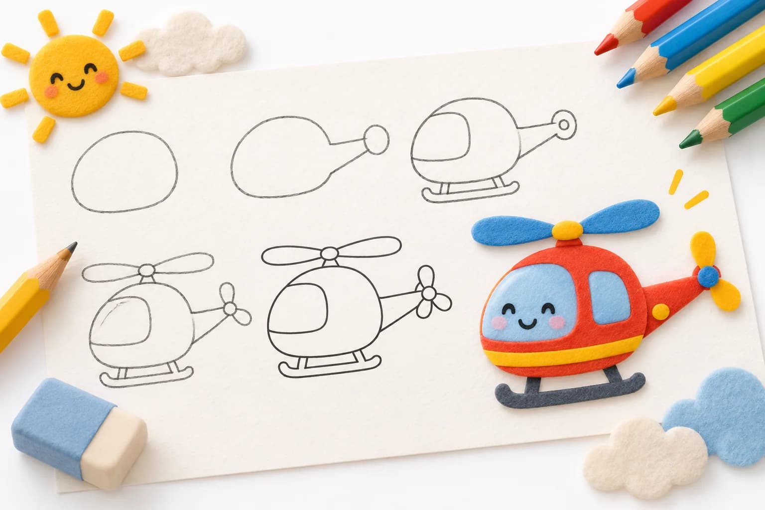 Un hélicoptère coloré dessiné avec un crayon et des crayons de couleur