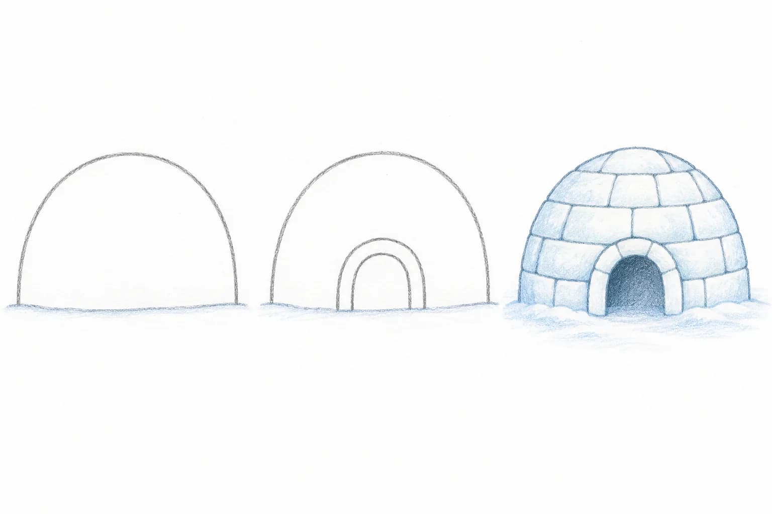 Trois dessins montrent les étapes de l’igloo : le dôme, l’entrée arrondie, puis les blocs de neige ombrés en bleu clair.