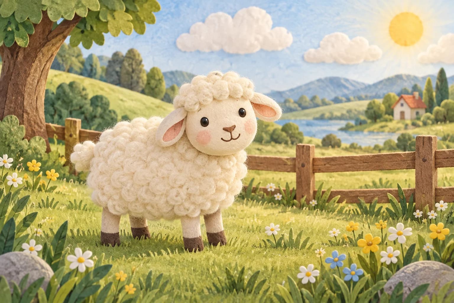 Un mouton en laine dans une prairie avec une clôture et des fleurs