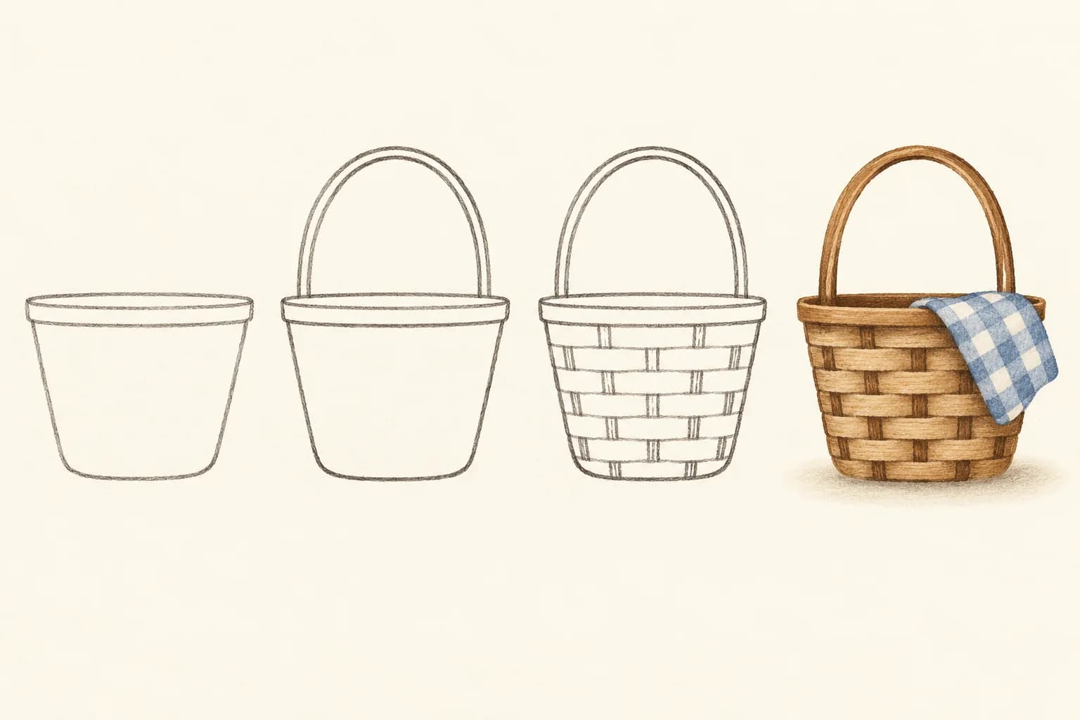 Quatre étapes dessinées pour réaliser un panier de pique-nique tressé, avec une grande anse et une serviette bleue.