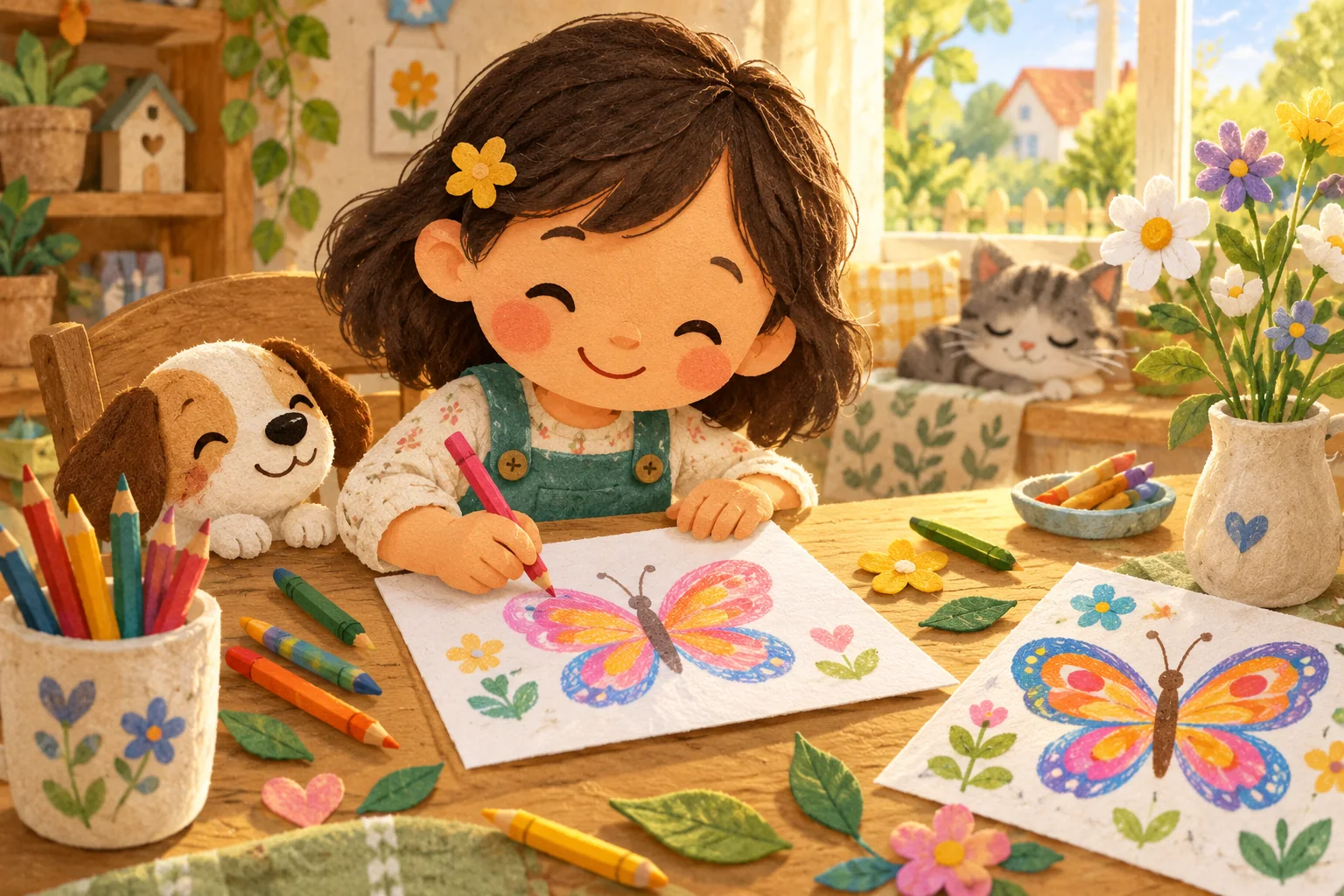 Enfant dessinant un papillon coloré avec des crayons sur une feuille
