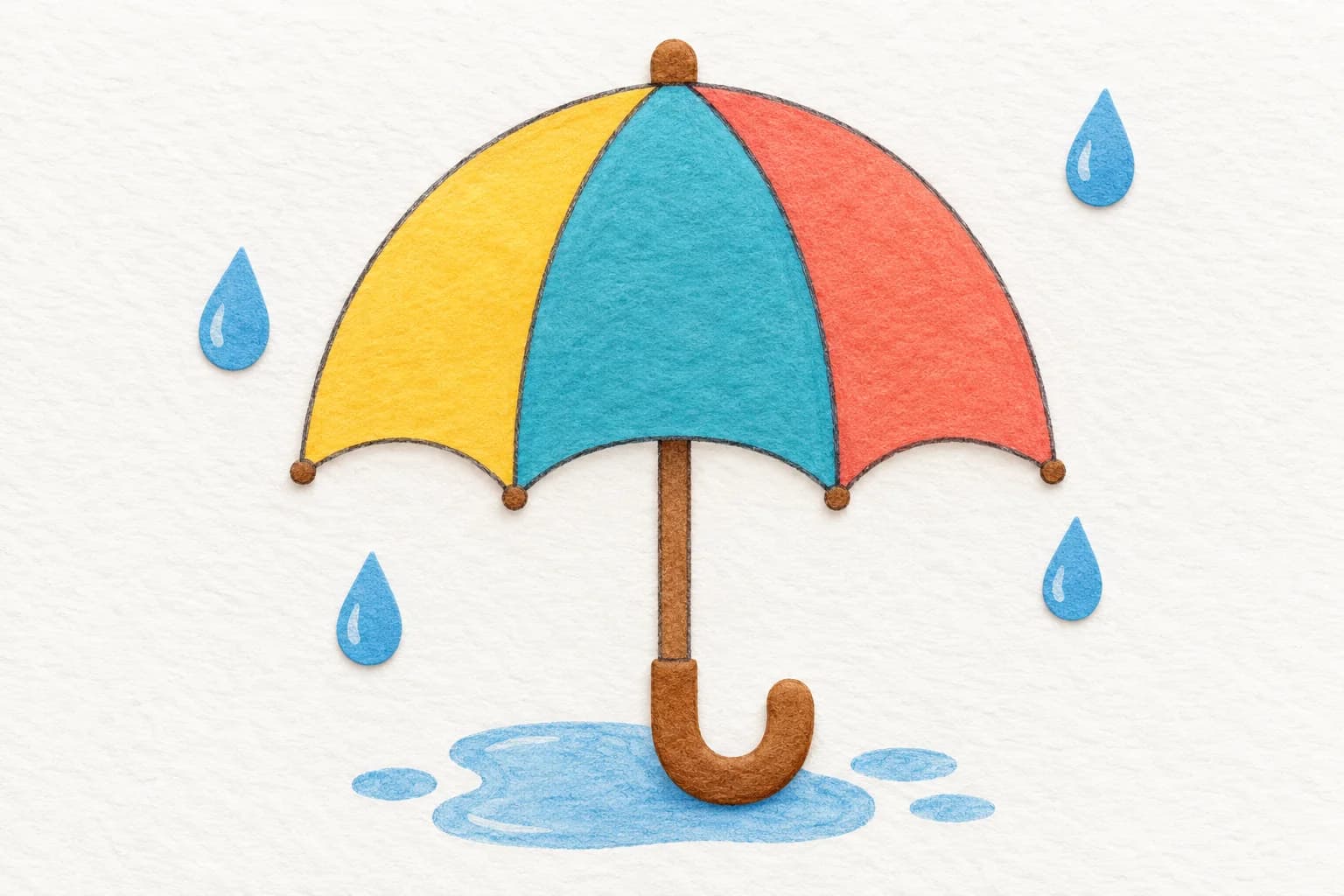 Parapluie ouvert à trois panneaux colorés, avec une poignée courbée, quelques gouttes et une flaque.