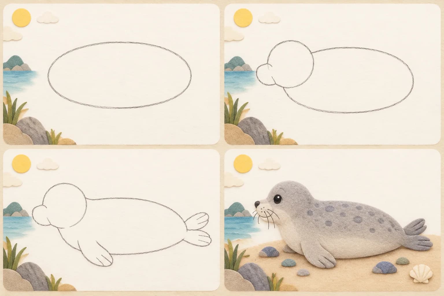 Quatre étapes pour dessiner un phoque gris, de l’ovale du corps aux nageoires et aux moustaches.