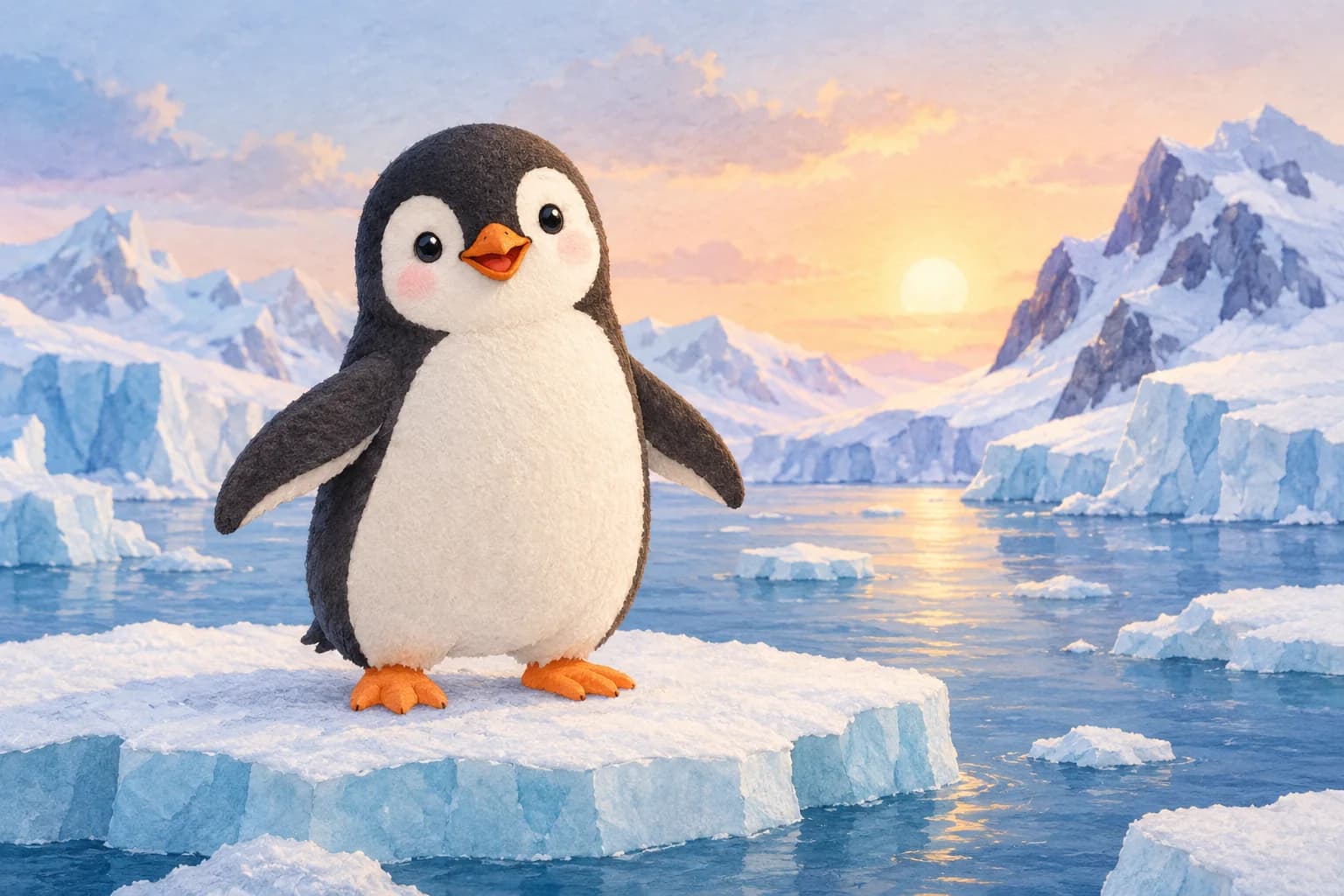 Manchot coloré debout sur un morceau de glace dans un paysage enneigé