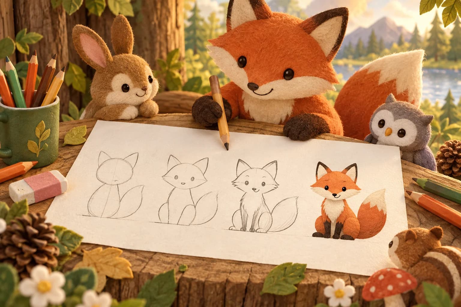 Un enfant dessine un renard en quatre étapes avec des crayons de couleur