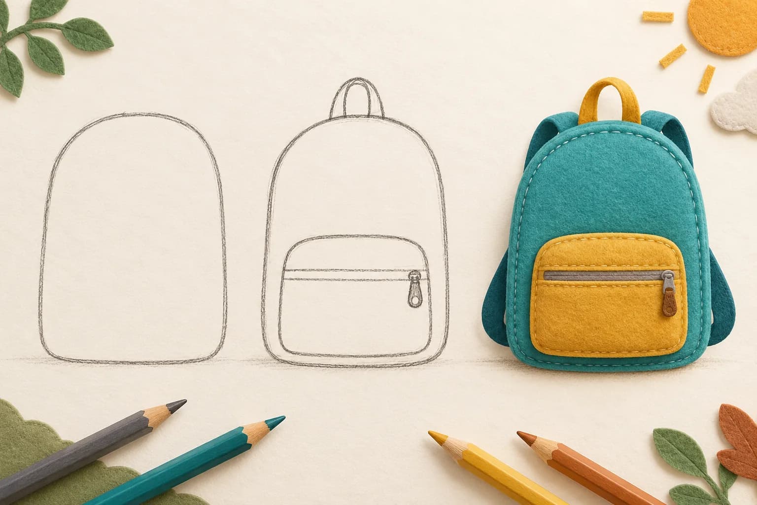 Trois étapes dessinées pour créer un sac à dos, du contour au modèle colorié avec poche et bretelles.