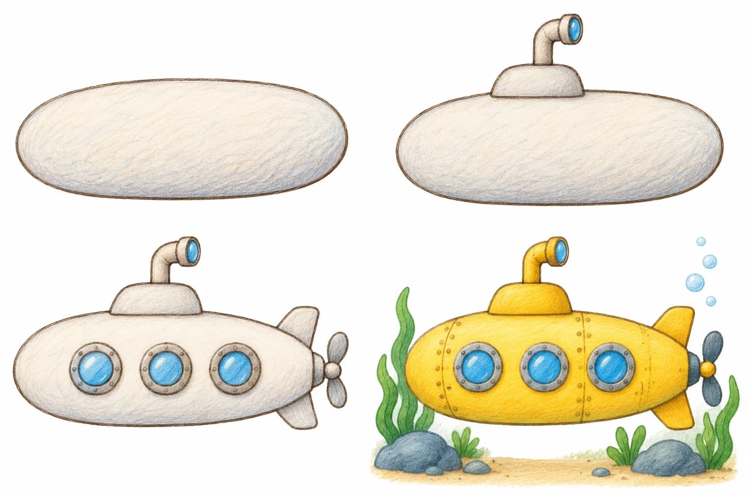 Quatre étapes pour dessiner un sous-marin, de la coque ovale au modèle jaune avec hublots et hélice.