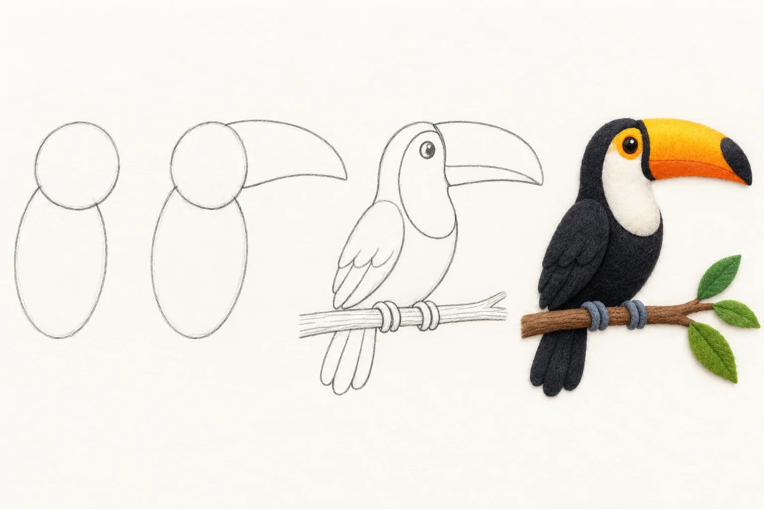 Quatre étapes illustrées pour dessiner un toucan, des formes simples à l’oiseau colorié sur une branche.