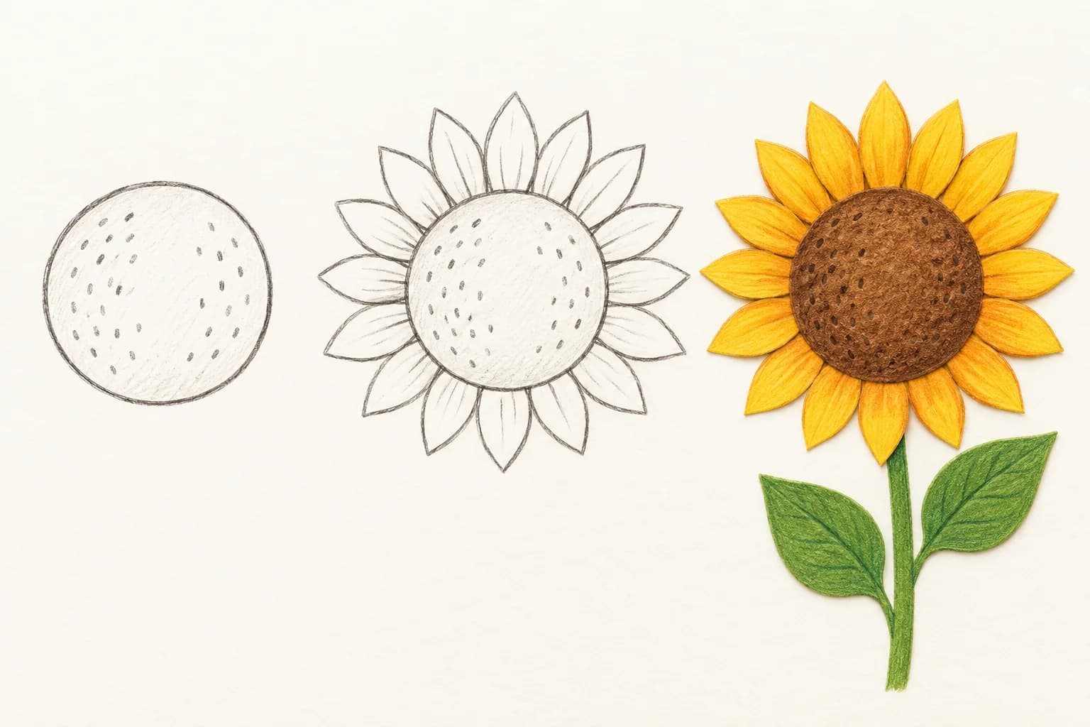 Trois étapes pour dessiner un tournesol : le cœur rond, les pétales, puis la tige et les feuilles en couleur.