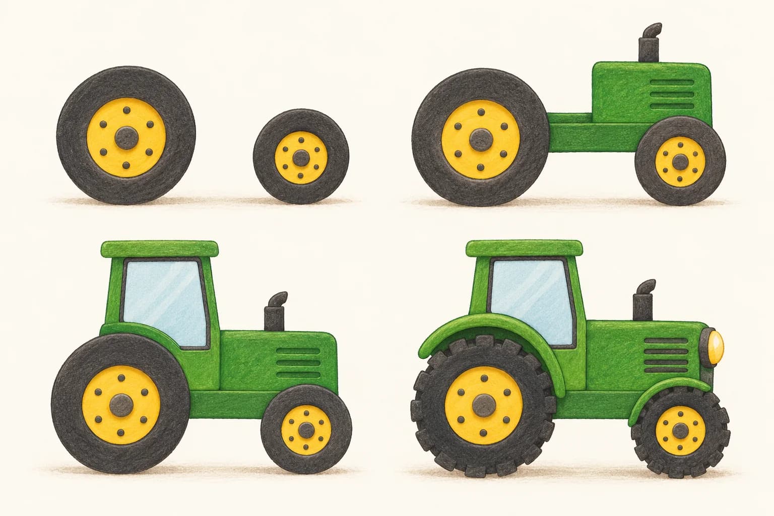 Quatre étapes illustrées pour dessiner un tracteur de profil, des roues jusqu’à la mise en couleur.