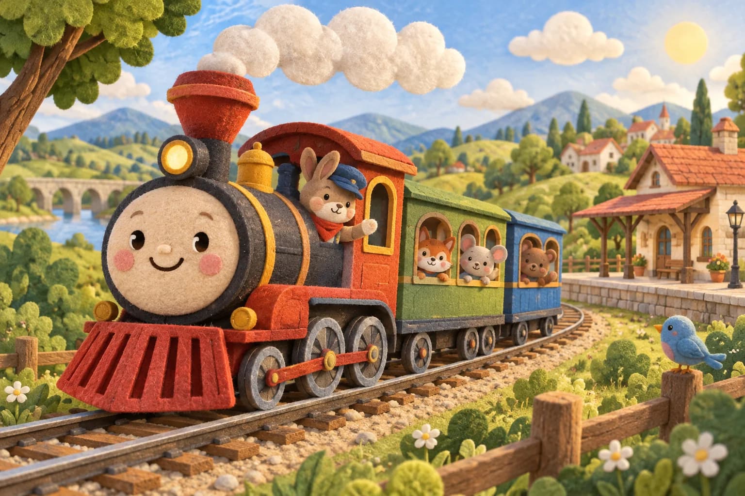 Un train coloré roule sur des rails dans un paysage de campagne
