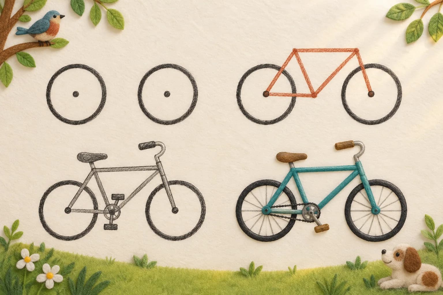 Quatre étapes illustrées pour dessiner un vélo de profil, des deux roues au vélo colorié.