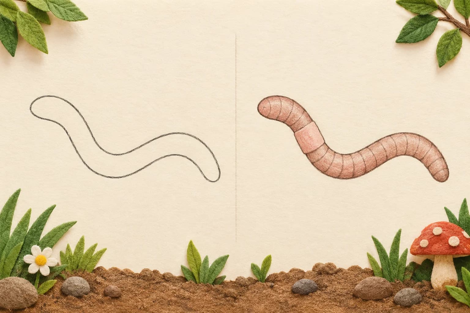 Deux versions d’un ver de terre : son contour courbé, puis le dessin complété avec des anneaux et des couleurs.
