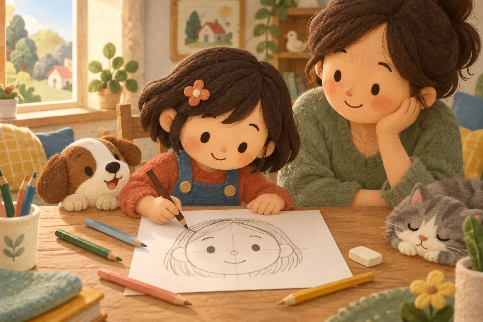 Enfant dessinant un visage simple avec des lignes de construction et des crayons de couleur