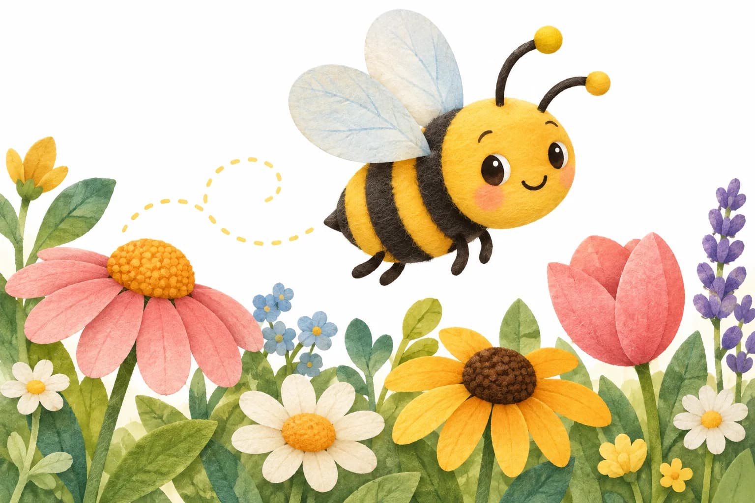 Une abeille jaune et noire vole au-dessus de fleurs colorées