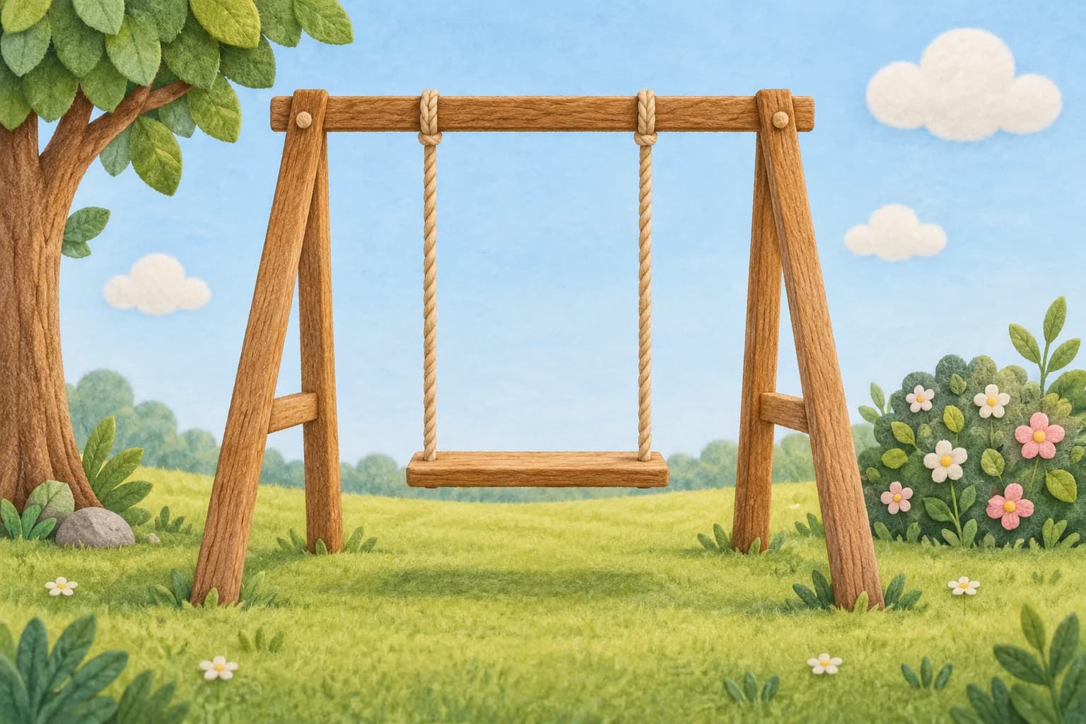 Balançoire en bois à deux supports en A, avec un siège suspendu au-dessus de l’herbe.