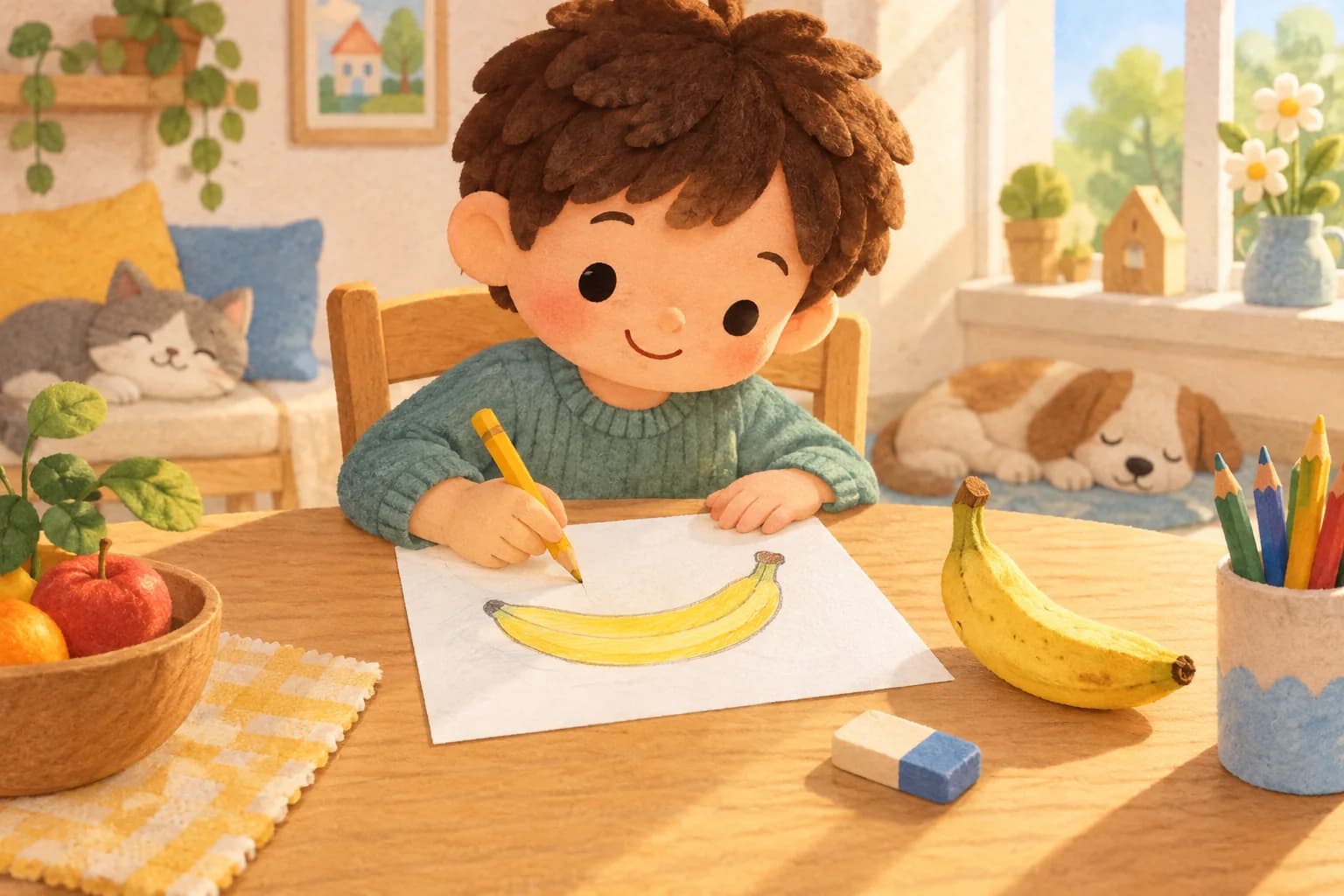 Enfant dessinant une banane jaune avec des crayons de couleur