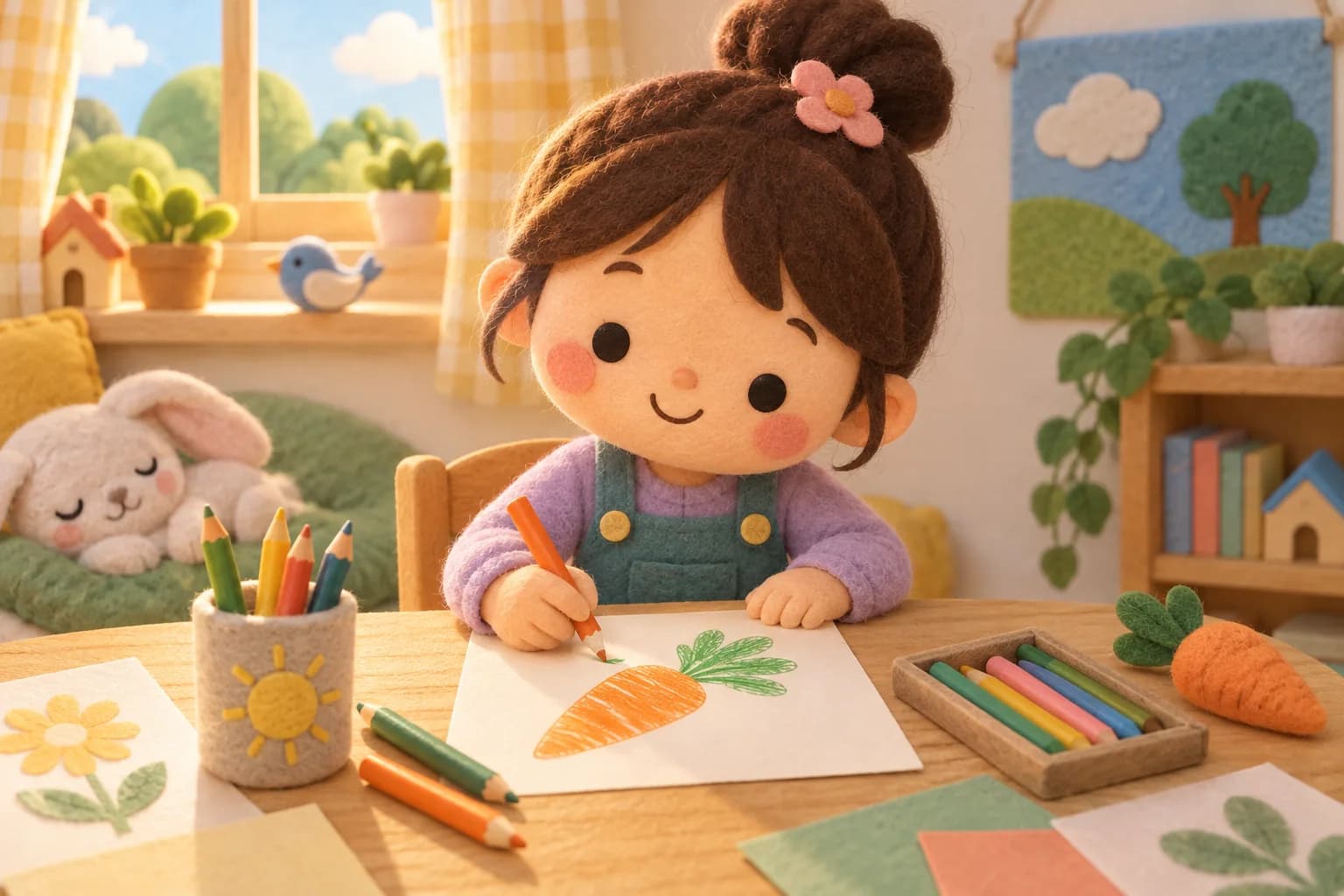 Enfant dessinant une carotte orange avec des crayons de couleur