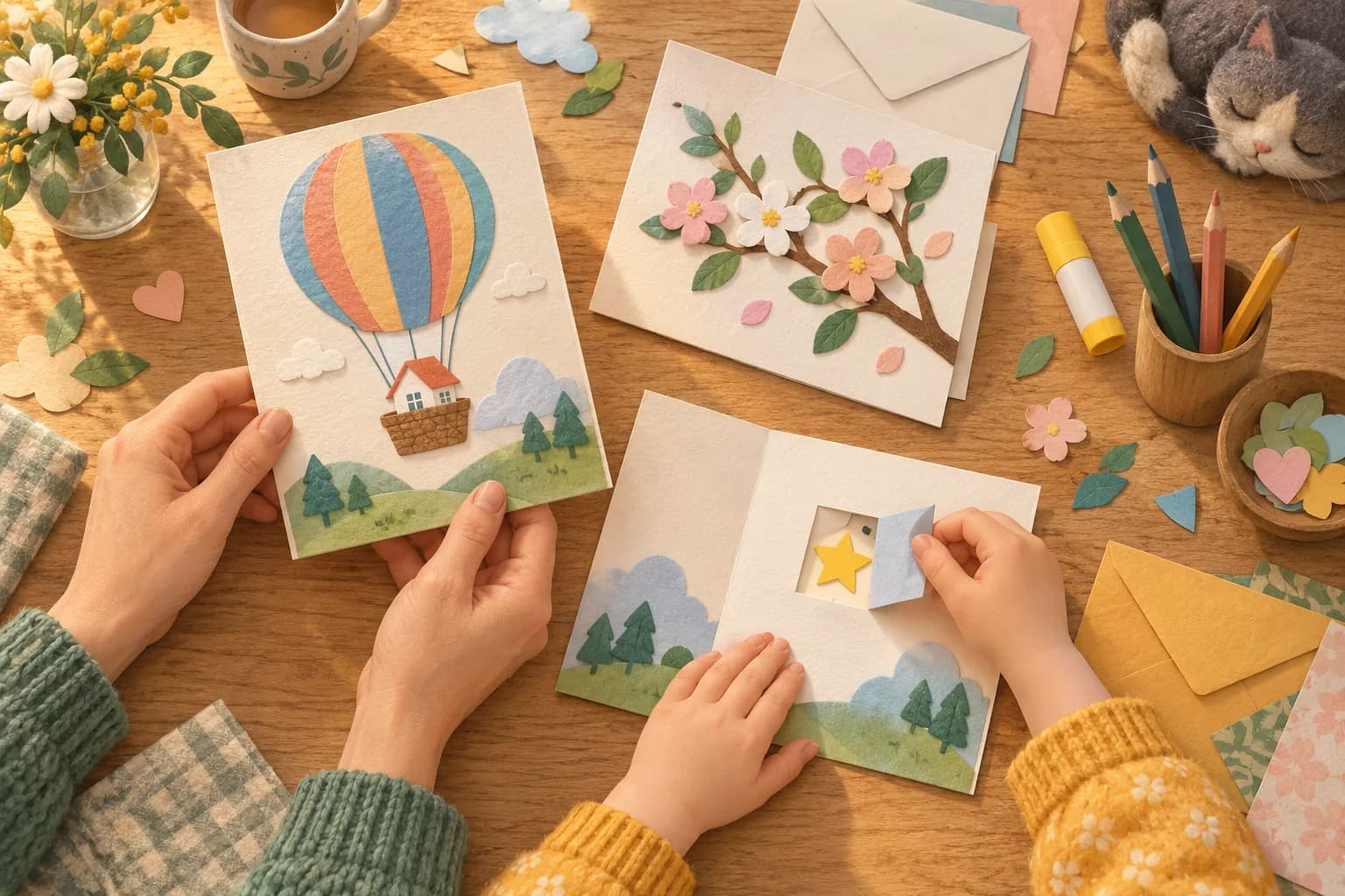 Des mains d'enfant et d'adulte décorent des cartes avec un ballon, des fleurs et un rabat cachant une étoile.