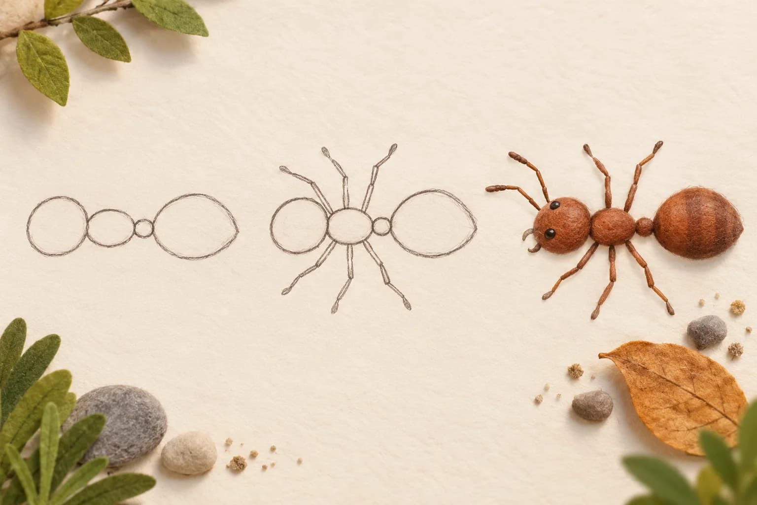 Trois étapes pour dessiner une fourmi vue du dessus : le corps, les six pattes, puis les antennes et les détails.