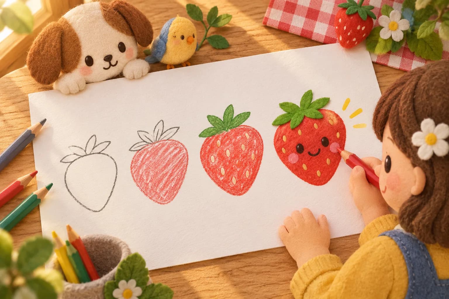 Dessin d’une fraise rouge avec ses feuilles vertes et ses petites graines