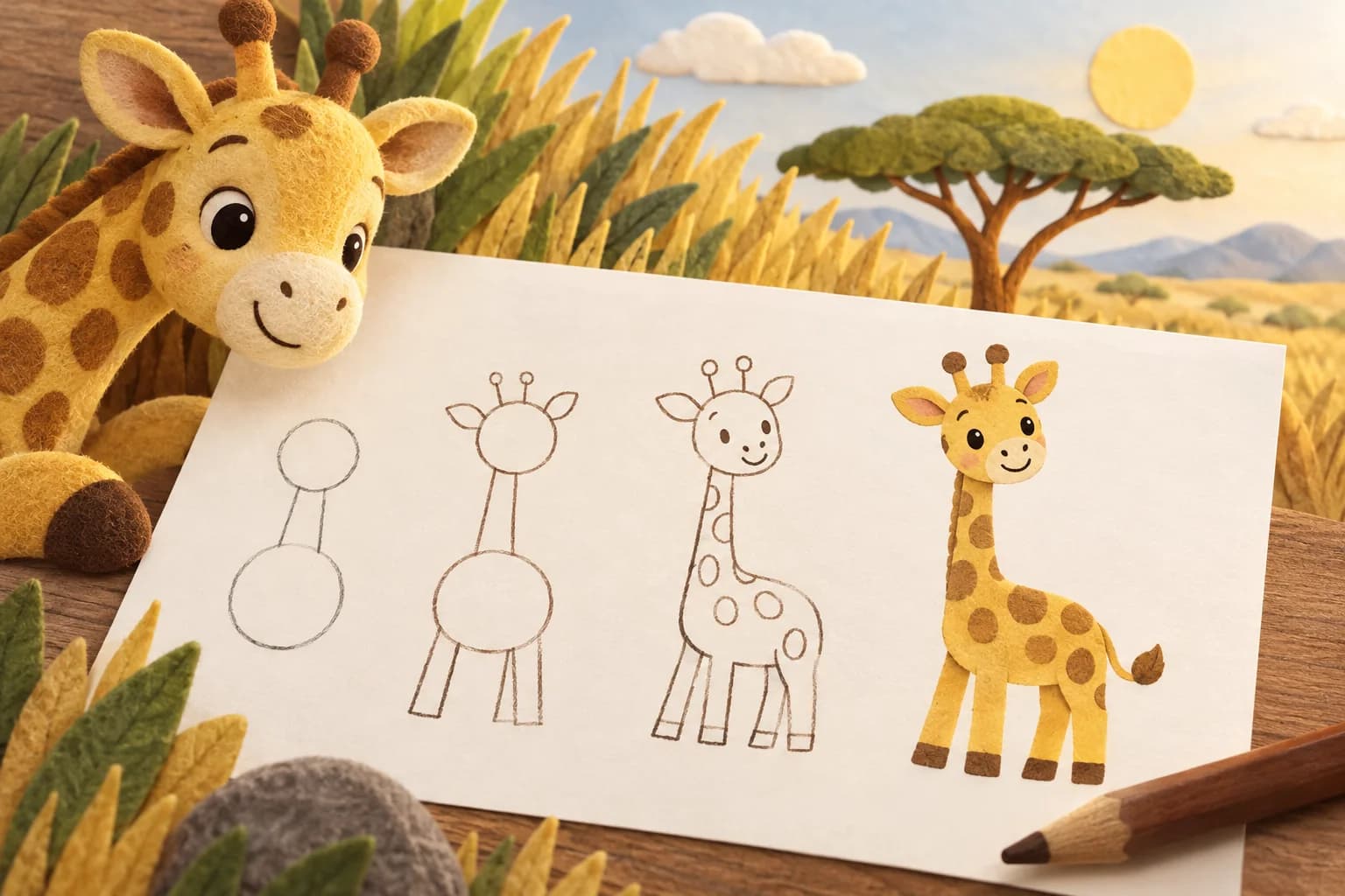 Illustration d’une girafe dessinée étape par étape sur une feuille