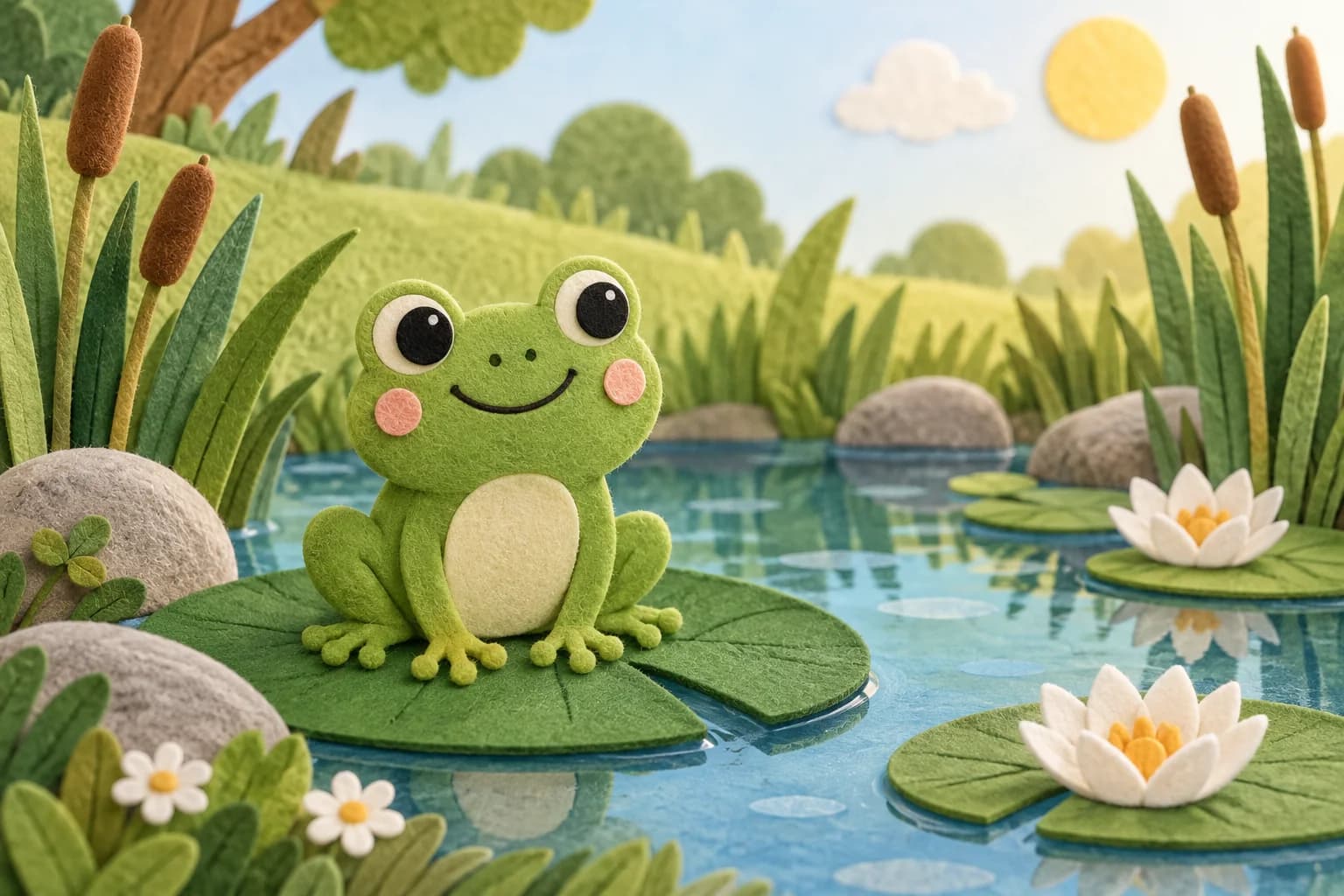 Grenouille verte assise sur une feuille de nénuphar près d’une mare